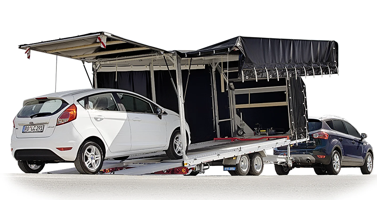 Tarpaulin covered car transporter trailer